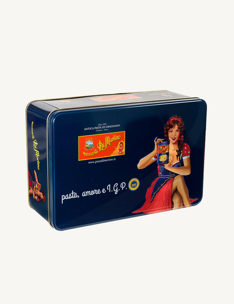 Blue tin box with pin-up